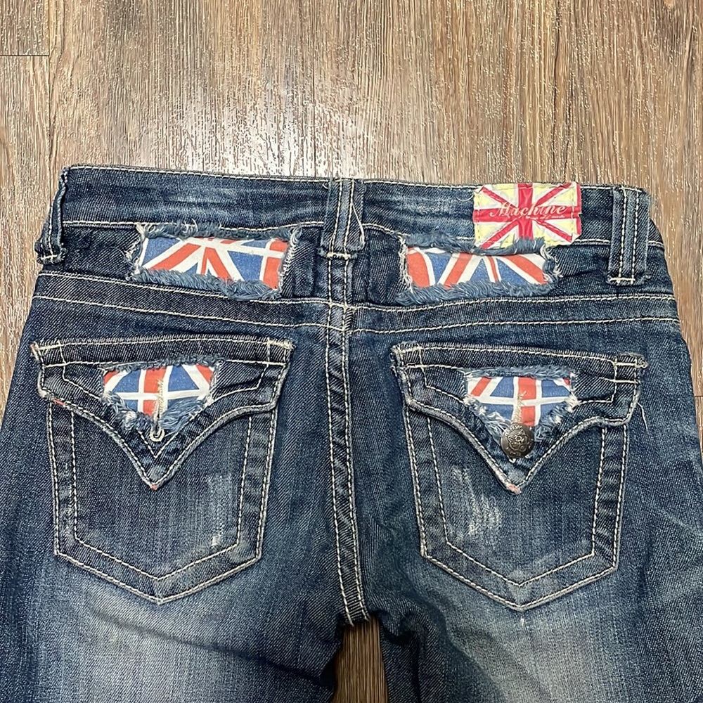 Machine Jeans with Union Jack pockets Y2K Style Super Low Rise Stretch Denim